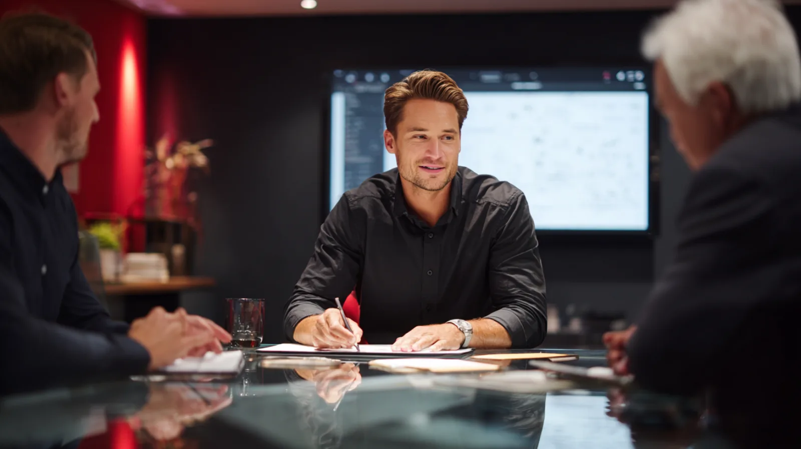 Beratungsgespräch am Glastisch: TC-EDV-Vertriebler erklärt Unternehmern eine KI-Lösung